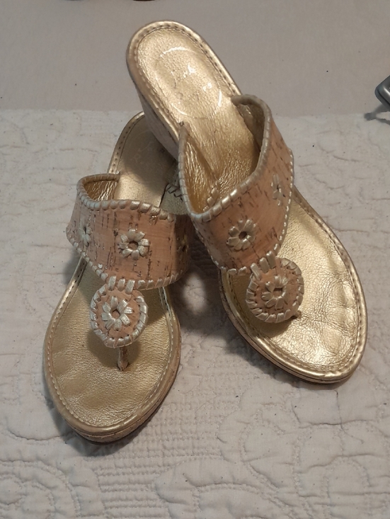 Jack Rogers Shoes - Jack Rogers Cork And Gold Wedge Thong Sandals in Beige with Embroidered Accents